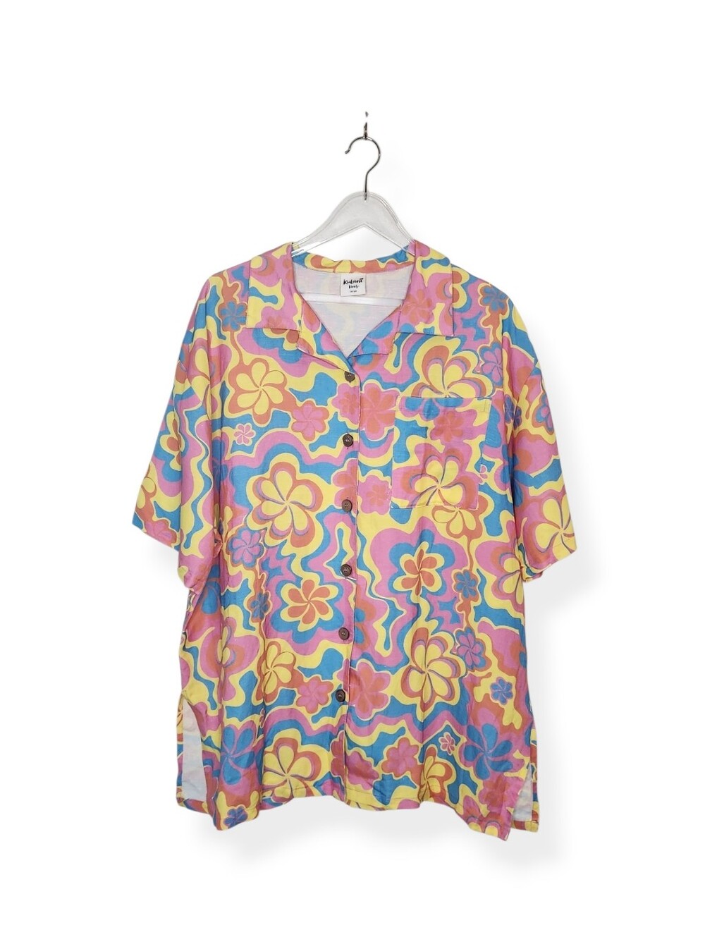 Kulani Kinis Tropical Floral Print Short Sleeve Button Front Shirt Top Large